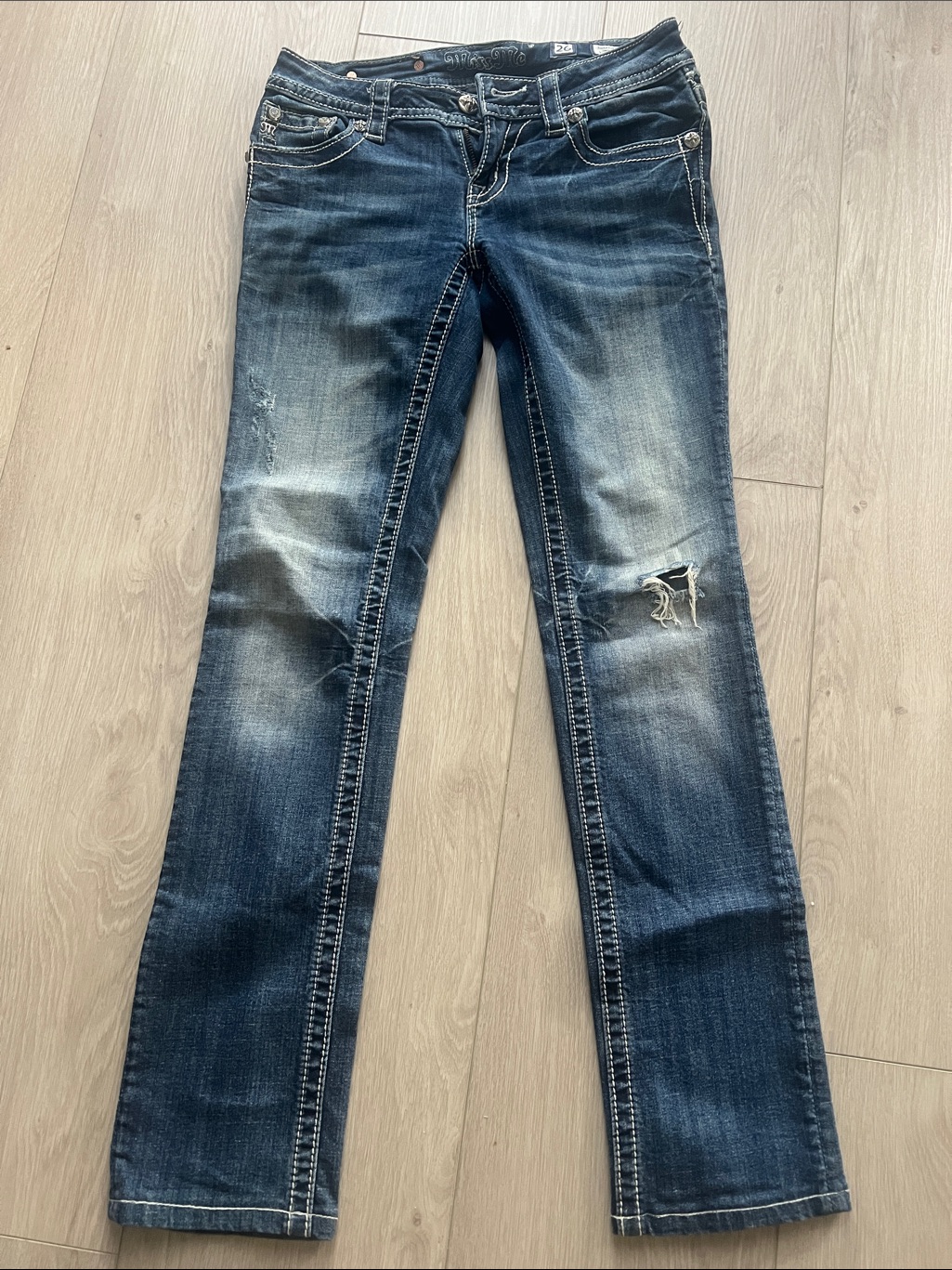 Miss Me Vintage Low Rise Straight-Leg Jeans In Faded Dark Blue With Distress